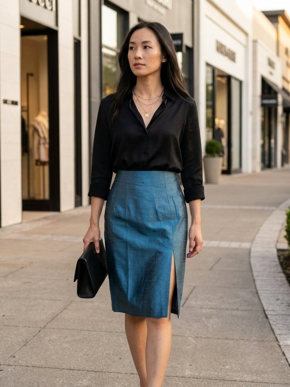 Le Chemise LTD Vintage Raw Silk Pencil Skirt 26 Blue Iridescent High Rise